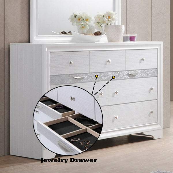 English Elm Naima Textured Finish Dresser with Felt-Lined Jewelry Drawer, Smooth Metal Glides & Silver Pulls White 66 L x 20 W x 43 H B2726P261240