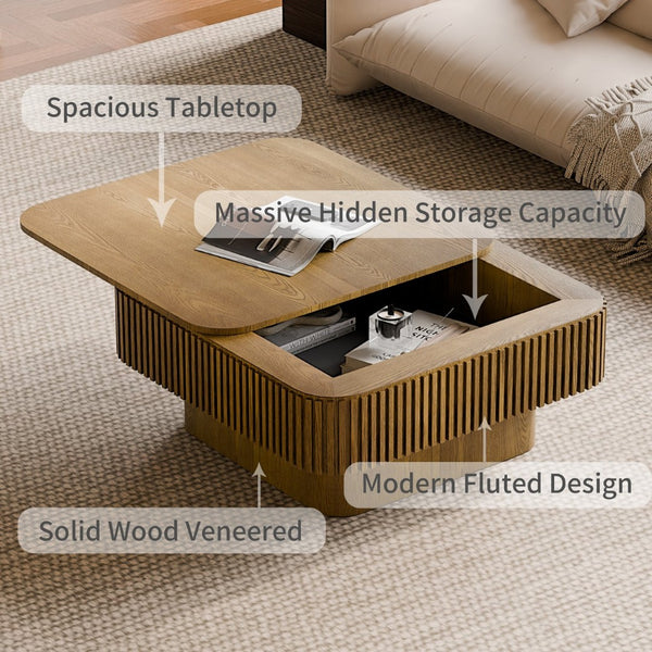 English Elm 31.5'' Square Wood Veneer Flip Top Storage Coffee Table with Slat Detail for Living Rooms Brown W1435P375248