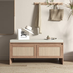 English Elm PP Rattan bench with cushion and hidden shoe storage, linen seat, dust‑protected interior, natural finish W808P316354