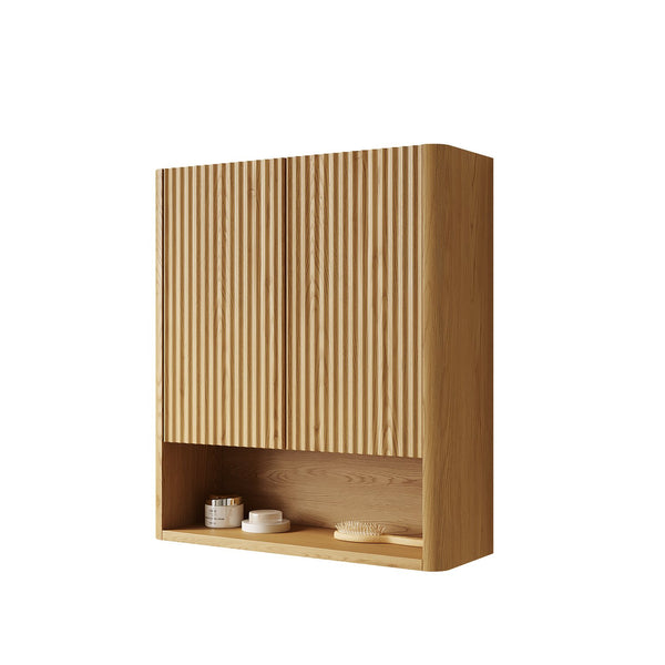 English Elm ZULA Solid Wood Door Over-The-Toilet Cabinet with Soft-Close Doors, Striped Curved Design, 32.7" Golden Oak W2615P380436