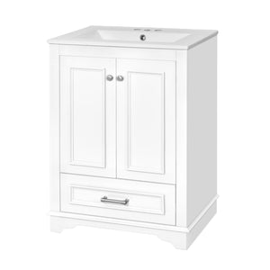 English Elm 24'' Bathroom Vanity with Ceramic Sink Combo Modern Freestanding MDF Cabinet with Soft-Close Doors and Sleek Silver Handles for Spacious Organized Bathroom Storage White N710P194893K