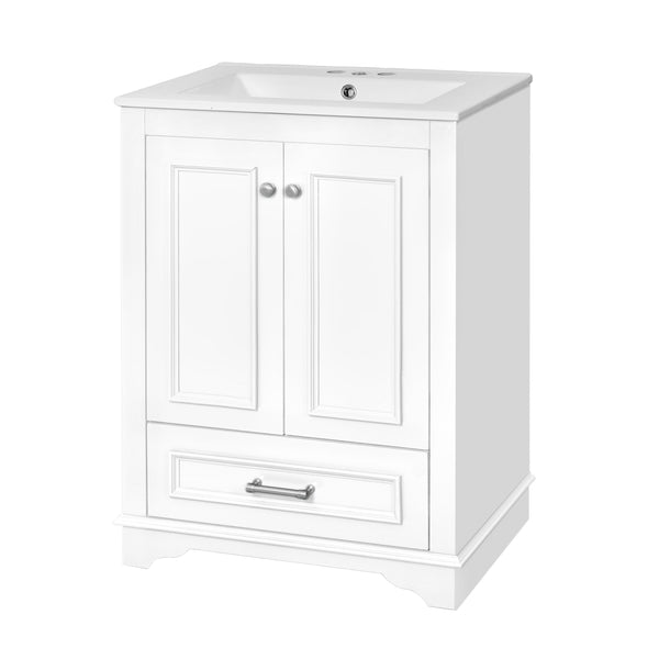 English Elm 24'' Bathroom Vanity with Ceramic Sink Combo Modern Freestanding MDF Cabinet with Soft-Close Doors and Sleek Silver Handles for Spacious Organized Bathroom Storage White N710P194893K