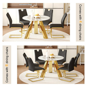 English Elm Table 5-Piece Dining Set: 42-Inch White Imitation Marble Round Top With 4 Chic Black Chairs & Gold Legs W2920S00051-GIGA