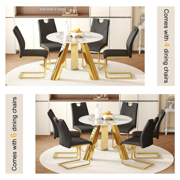 English Elm Table 42-Inch White Imitation Marble Dining Set With 6 Elegant Black Chairs & Gold Metal Legs W2920S00052-GIGA