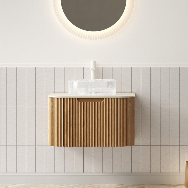 English Elm Dina Floating Bathroom Vanity with Sintered Stone Top and Crystal Glass Basin Beige,Natural Wood,Transparent W2615S00349