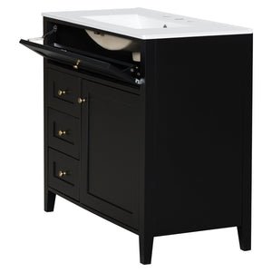 English Elm 36-Inch Black Bathroom Vanity With Sink – Modern Design, 3 Drawers, Adjustable Shelf For Storage N725P350821B