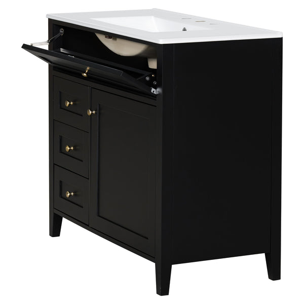 English Elm 36-Inch Black Bathroom Vanity With Sink – Modern Design, 3 Drawers, Adjustable Shelf For Storage N725P350821B