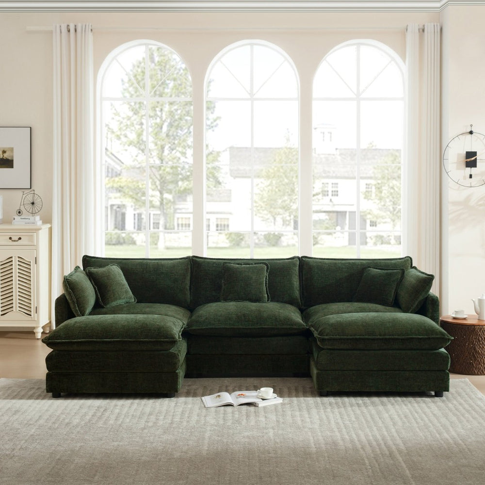 English Elm U-shaped Chenille Sectional with Dual Ottomans Modular Living Room Sofa in Green W714S00465