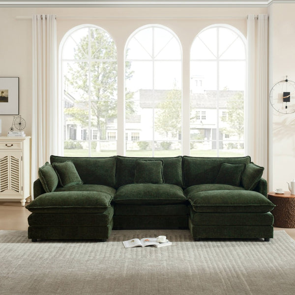 English Elm U-shaped Chenille Sectional with Dual Ottomans Modular Living Room Sofa in Green W714S00465