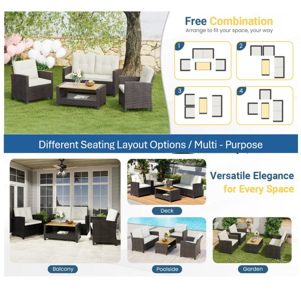 English Elm 4-piece Wicker Outdoor Conversation Set with Acacia Wood Table and Foam Cushions Beige+Brown B082S00061