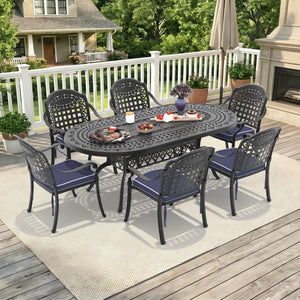 English Elm 7-piece Cast Aluminum Outdoor Dining Set Seats Six with Scrollwork and Weather Resistance W1710S00650