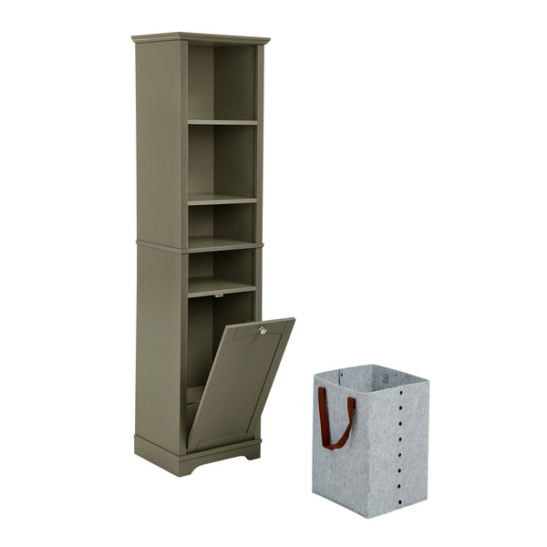 English Elm 64" Tall Bathroom Storage Cabinet Narrow 4-Shelf Floor Organizer with Laundry Hamper, Grey, Space-Saving Tall Unit W1801P195738