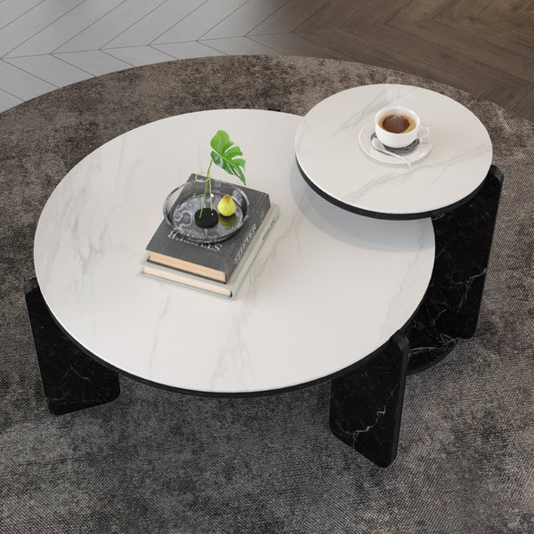 English Elm Set of 2 Round Sintered Stone Nesting Tables Sleek Modern Accent for Living Rooms W2899P405896