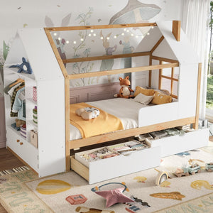 English Elm Twin House Frame Bed Pine Wood with Storage Drawers and Shelves for Kids Bedroom W1580S00572