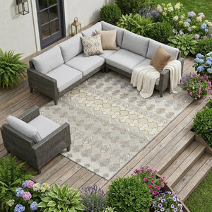 8 X 10 Ivory Pewter Stripe Polyester Indoor Outdoor Rug Stain Resistant Washable