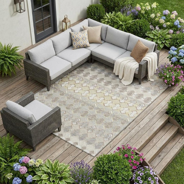 8 X 10 Ivory Pewter Stripe Polyester Indoor Outdoor Rug Stain Resistant Washable