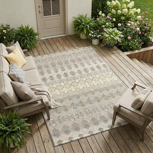 9 X 12 Ivory Pewter Stripe Polyester Area Rug Washable for Indoor Outdoor Spaces