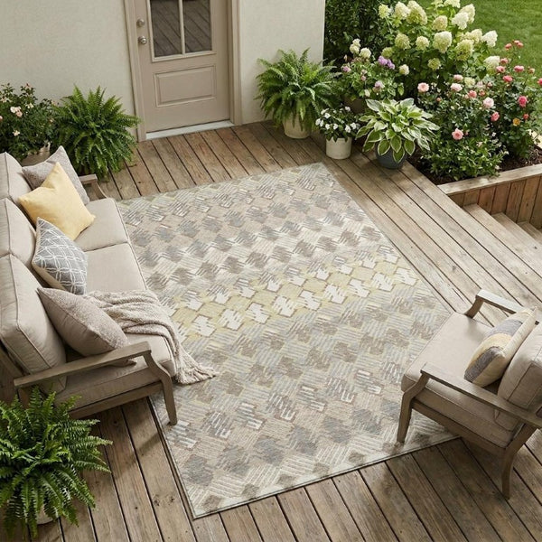 9 X 12 Ivory Pewter Stripe Polyester Area Rug Washable for Indoor Outdoor Spaces