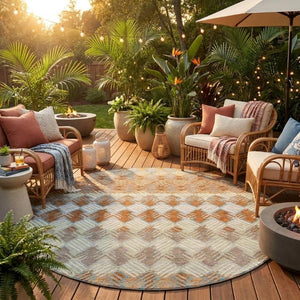 8 Foot Round Striped Polyester Area Rug Washable Indoor Outdoor Patio Porch