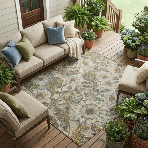 8x10 Floral Beige Brown Polyester Area Rug Washable for Patio Porch or Living Room
