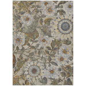HomeRoots 8x10 Floral Beige Brown Polyester Area Rug Washable for Patio Porch or Living Room 741030