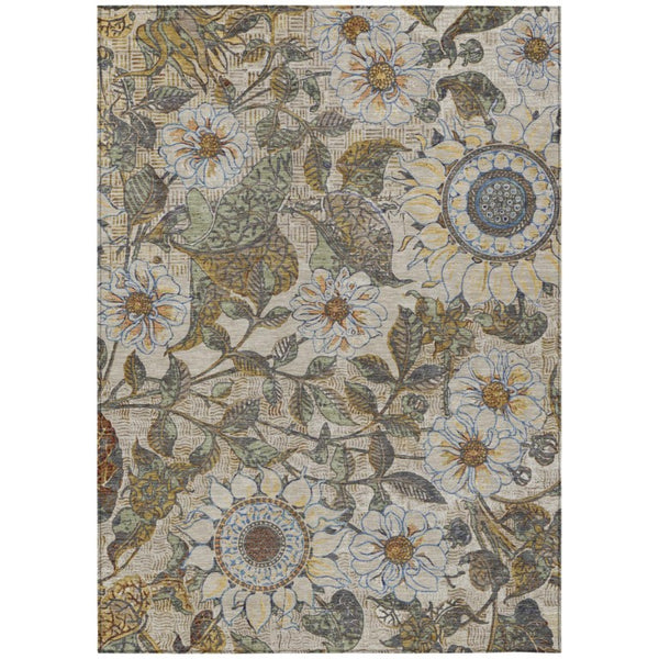 HomeRoots 8x10 Floral Beige Brown Polyester Area Rug Washable for Patio Porch or Living Room 741030
