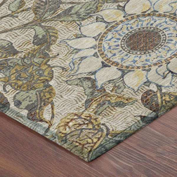 8x10 Floral Beige Brown Polyester Area Rug Washable for Patio Porch or Living Room