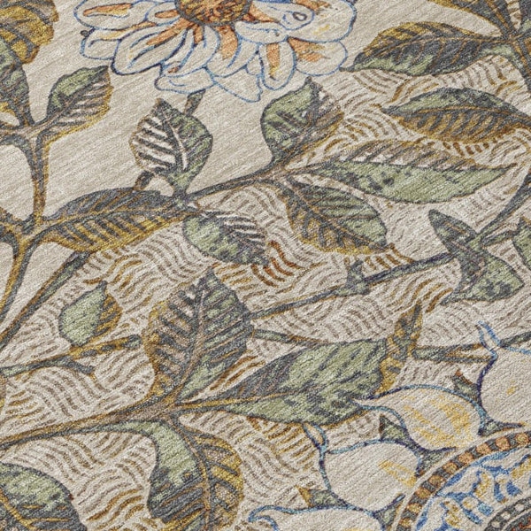 8x10 Floral Beige Brown Polyester Area Rug Washable for Patio Porch or Living Room
