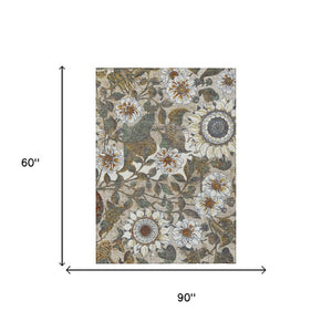 5 X 8 Ivory Gray Floral Polyester Area Rug Washable for Indoor Outdoor Use