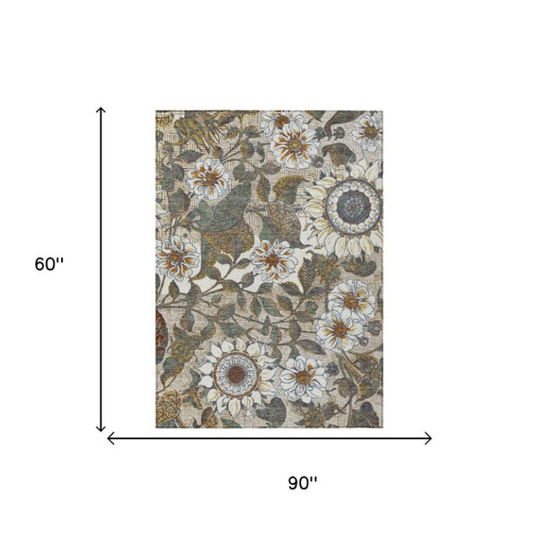 5 X 8 Ivory Gray Floral Polyester Area Rug Washable for Indoor Outdoor Use