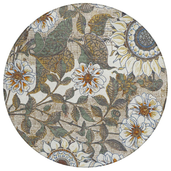 8 Foot Round Floral Polyester Rug Stain Resistant for Patio Kitchen or Family Room