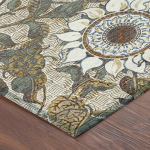 9x12 Ivory Gray Floral Polyester Area Rug Washable Stain Resistant Indoor Outdoor