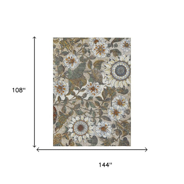 9x12 Ivory Gray Floral Polyester Area Rug Washable Stain Resistant Indoor Outdoor