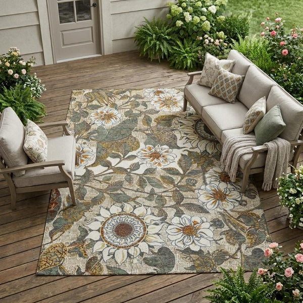 10 X 14 Ivory Gray Floral Polyester Area Rug Stain Resistant Indoor Outdoor Use