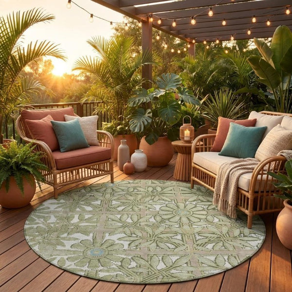 8 Foot Round Floral Polyester Area Rug Washable for Indoor Outdoor High Traffic Use