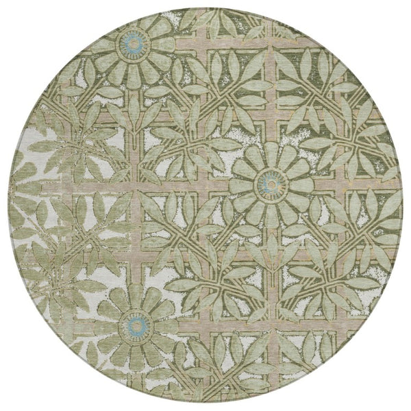 HomeRoots 8 Foot Round Floral Polyester Area Rug Washable for Indoor Outdoor High Traffic Use 741041