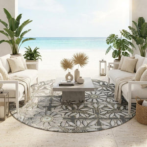 8 Ft Round Floral Polyester Area Rug Washable Stain Resistant for Patio or Kitchen
