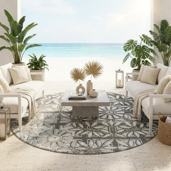 8 Ft Round Floral Polyester Area Rug Washable Stain Resistant for Patio or Kitchen