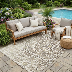 5x8 Ivory Khaki Floral Polyester Area Rug Stain Resistant for Patio or Living Room