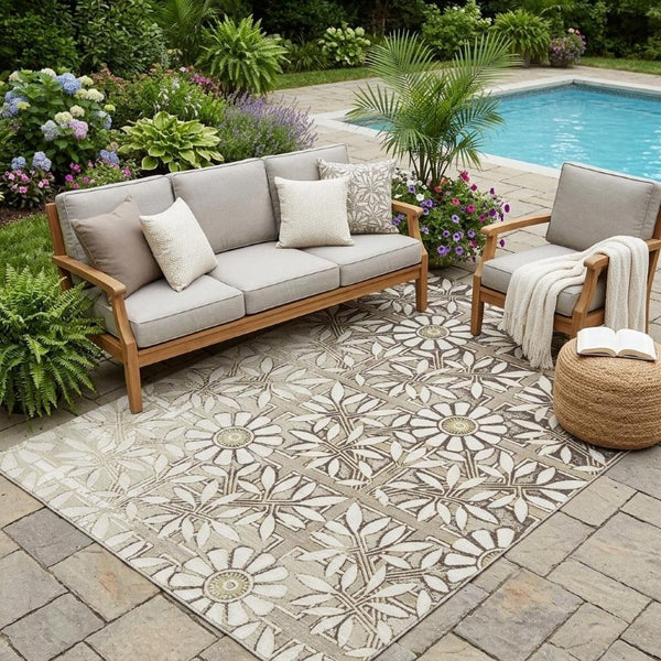 5x8 Ivory Khaki Floral Polyester Area Rug Stain Resistant for Patio or Living Room