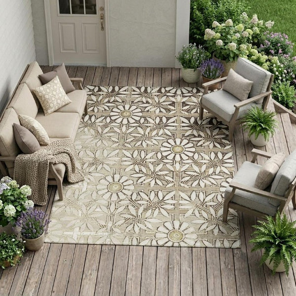8x10 Ivory Khaki Floral Polyester Area Rug Stain Resistant for Patio or Living Room