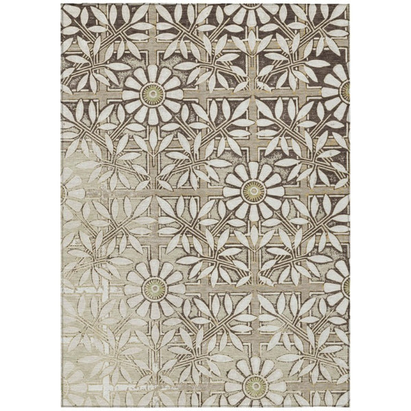 HomeRoots 8x10 Ivory Khaki Floral Polyester Area Rug Stain Resistant for Patio or Living Room 741054