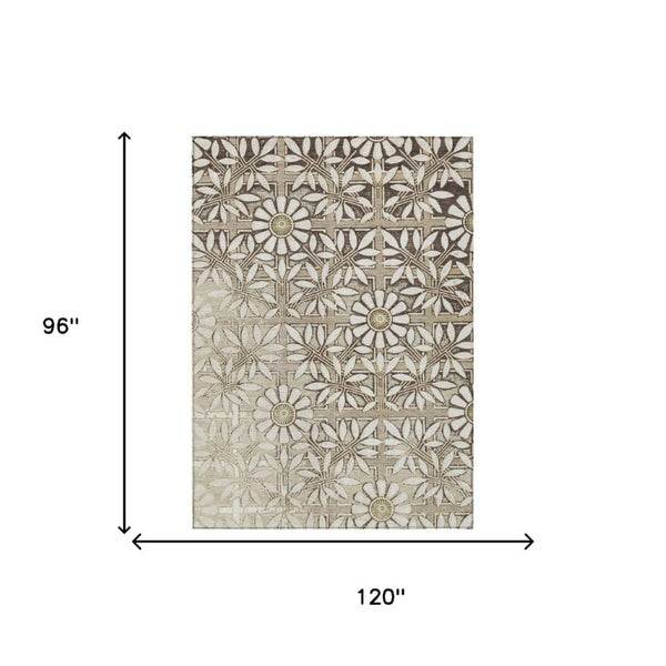 8x10 Ivory Khaki Floral Polyester Area Rug Stain Resistant for Patio or Living Room