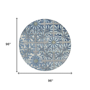 8 Ft Round Floral Polyester Rug Washable Indoor Outdoor Blue Patio Porch