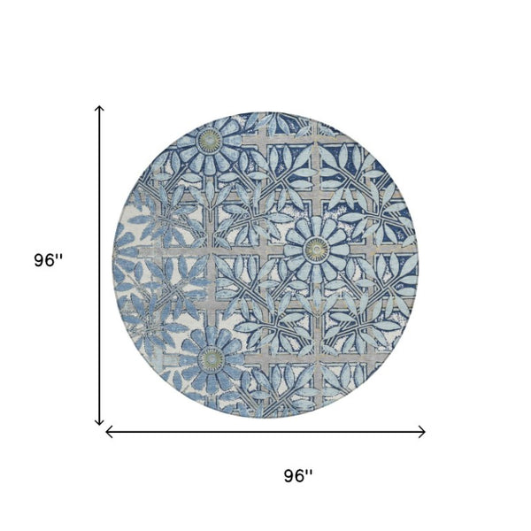 8 Ft Round Floral Polyester Rug Washable Indoor Outdoor Blue Patio Porch