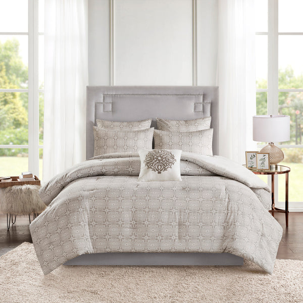 English Elm 6 Piece Madison Park Malia Embroidered Cotton Reversible Comforter Set Ivory Grey King/Cal King — Shabby Chic Elegance B035128873
