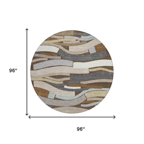 8 Foot Round Striped Polyester Area Rug Washable Stain Resistant Indoor Outdoor
