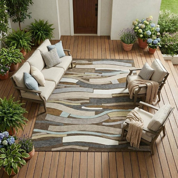 10 Ft X 14 Ft Striped Polyester Indoor Outdoor Rug Washable for Patio or Living Room