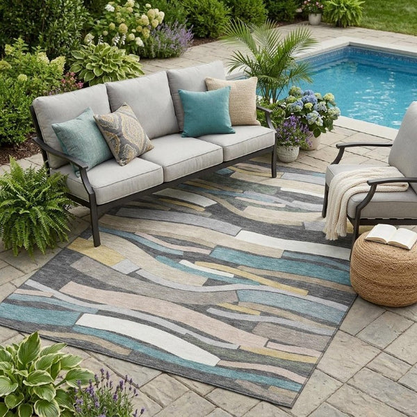 5 X 8 Striped Gray Polyester Area Rug Washable for Indoor Outdoor Patios
