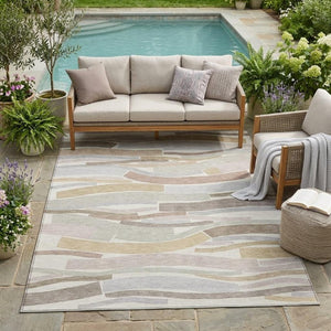 5x8 Ivory Silver Stripe Polyester Area Rug Washable Stain Resistant Indoor Outdoor Use